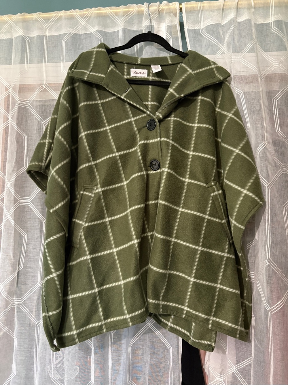Moda Olive Green Windowpane Hooded Button Cape